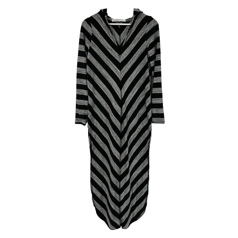 Free People Beach XS‎ Maxi Cover Up Dress Black Gray Chevron Long Sleeve Hooded